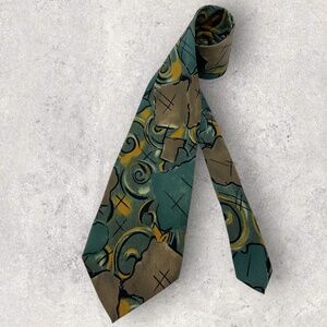 CLAUDE MONTANA Green/Brown/Mustard Art LUXURY Tie ITALY
